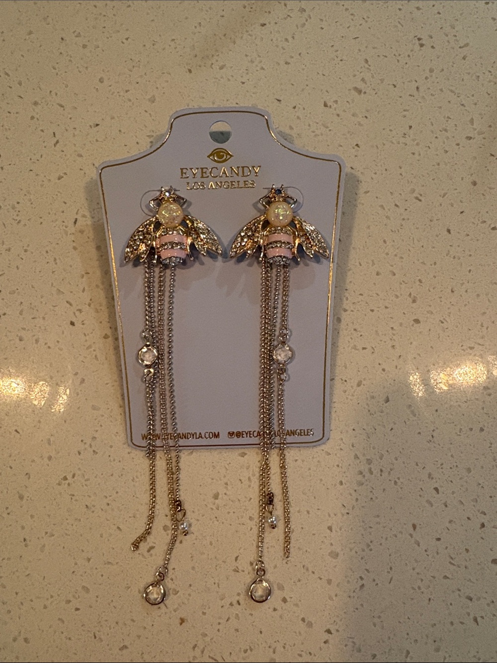 Pink Bee Drop Chain Earrings